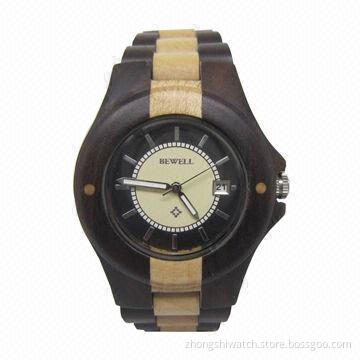 Inlaid Multicolored Natural Wood Watch, Hypoallergenic Men's Light & Dark Dual Dial